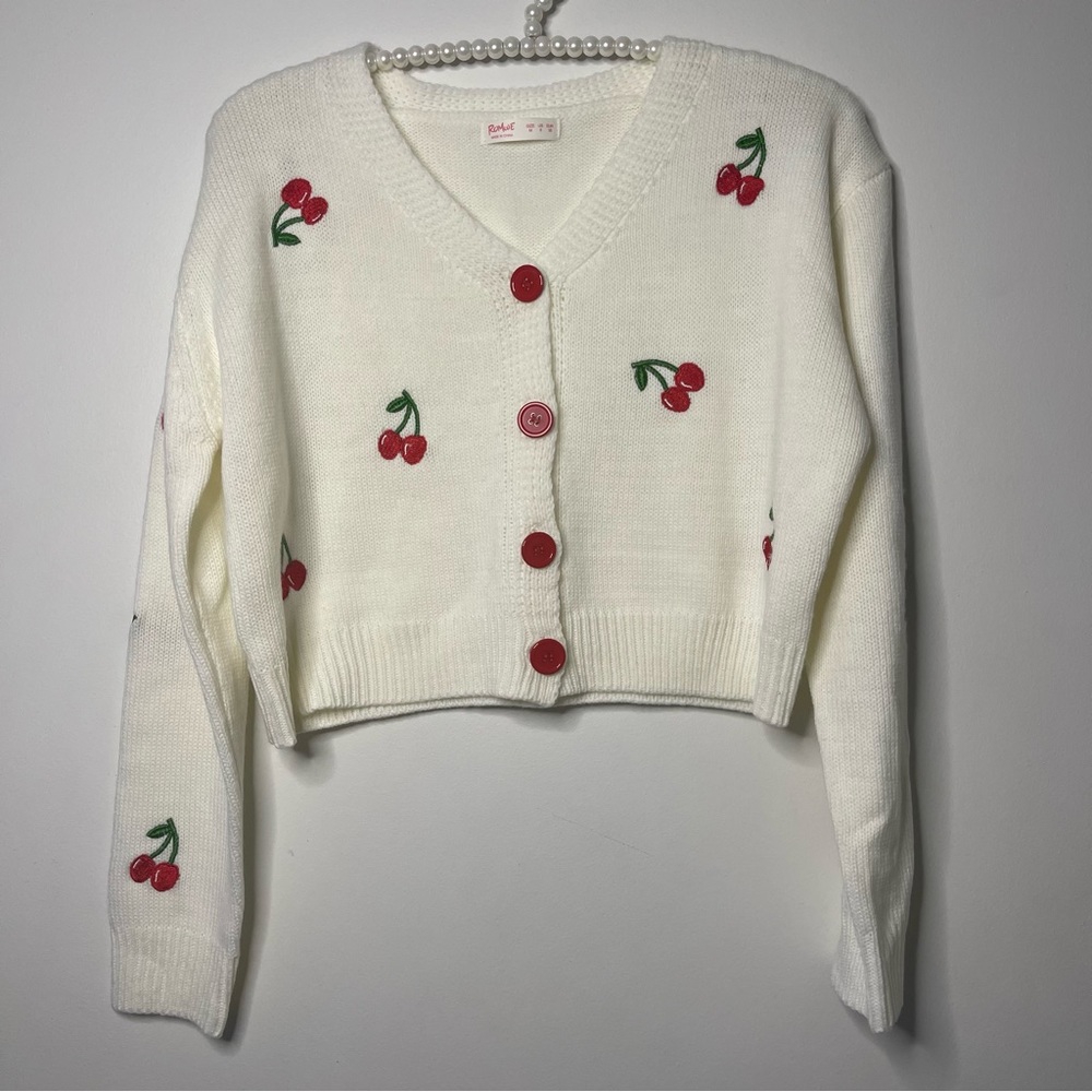 NWOT Cherry Embroidered Cropped Cardigan